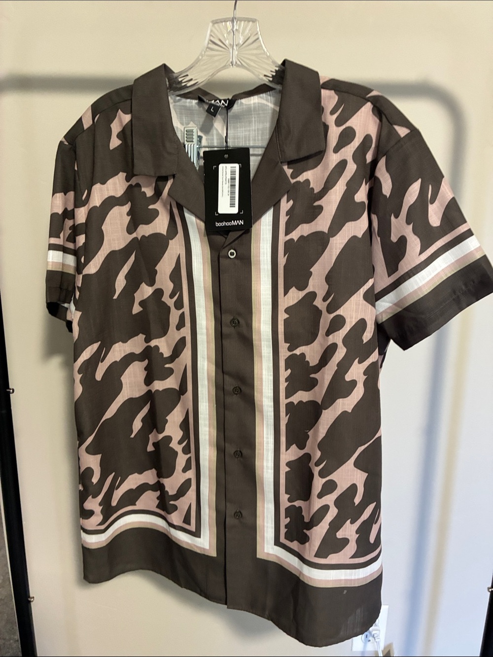 Boohoo Mens Olive & Pink Camo-Print Short Sleeve Button Down